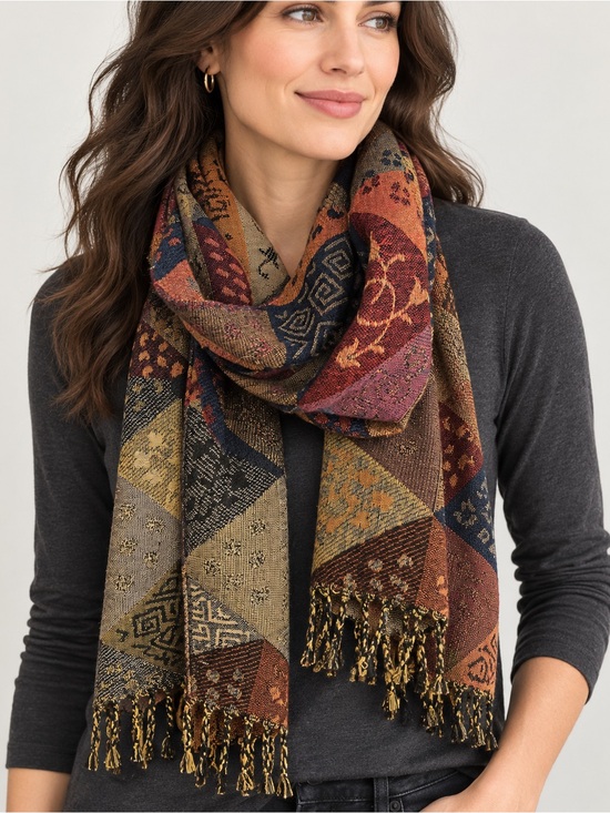 Sacred Threads Accessories - 100% Wool Scarf Sacred Threads Bohemian  Geometric Patchwork Fringe